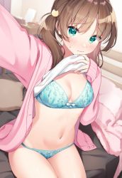 Rule 34 | 1girl, aqua bra, aqua panties, blush, bra, breasts, brown hair, cardigan, cat hair ornament, cleavage, clothes lift, commentary request, cowboy shot, embarrassed, green eyes, hair ornament, highres, lifting own clothes, long hair, long sleeves, looking at viewer, medium breasts, muninshiki, navel, on bed, open cardigan, open clothes, original, panties, pink cardigan, selfie, shirt lift, sitting, solo, stomach, twintails, underwear, wavy mouth