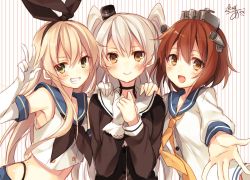 Rule 34 | 3girls, :d, amatsukaze (kancolle), black panties, blonde hair, blush, brown eyes, brown hair, dress, elbow gloves, girl sandwich, gloves, grin, hand on another&#039;s shoulder, kantai collection, long hair, looking at viewer, midriff, multiple girls, one-hour drawing challenge, open mouth, outstretched hand, panties, sailor dress, sandwiched, school uniform, serafuku, shimakaze (kancolle), short hair, signature, silver hair, simple background, smile, striped, striped background, thighhighs, toosaka asagi, two side up, underwear, v, vertical stripes, white background, yukikaze (kancolle)