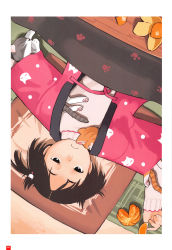 Rule 34 | 1girl, black eyes, brown hair, cat, food, fruit, hanten (clothes), highres, kotatsu, lying, mandarin orange, on back, original, outstretched arms, short hair, solo, spread arms, sweater, table, takamichi, under kotatsu, under table