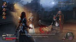 Rule 34 | 1boy, 3girls, absurdres, apron, beard, blonde hair, blood, blood trail, boots, brown hair, cane, canteen, character name, cobblestone, commentary, corpse, dagger, death, english commentary, english text, facial hair, frilled sleeves, frills, full moon, gameplay mechanics, gate, grey hair, gun, heads-up display, health bar, highres, holding, holding gun, holding weapon, holster, ivan yakushev, knife, long hair, long sleeves, maid, maid apron, maid headdress, mansion, medium hair, military, military vehicle, minimap, moon, motor vehicle, multiple girls, night, old, old man, original, puffy sleeves, red eyes, shadow, short hair, subtitled, tank, tissue, tree, waist apron, weapon, wiping face, worried