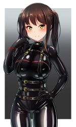 Rule 34 | 1girl, black bodysuit, bodysuit, brown hair, commentary request, hand on own hip, harness, highres, ibusuki, latex, latex bodysuit, looking at viewer, original, shiny clothes, skin tight, smile, solo, twintails, yellow eyes