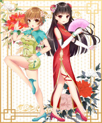 Rule 34 | 2girls, amagi yukiko, black hair, bob cut, bracelet, breasts, brown eyes, brown hair, bun cover, china dress, chinese clothes, cleavage, cleavage cutout, clothing cutout, double bun, dress, elbow gloves, hand fan, fighting stance, floral background, flower, folding fan, full body, gloves, hair flower, hair ornament, high heels, highres, hime cut, jewelry, leg up, medium breasts, megami tensei, multiple girls, nabekokoa, open mouth, paper fan, persona, persona 4, red eyes, satonaka chie, shin megami tensei, short hair, side slit, smile