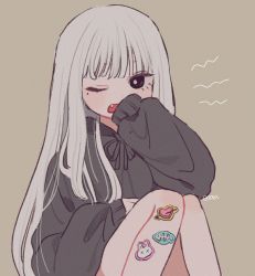 Rule 34 | 1girl, black sweater, brown background, covering own mouth, emma (kumaema), fang, highres, long hair, looking at viewer, mole, mole under eye, one eye closed, open mouth, original, simple background, sitting, sleeves past wrists, solo, sticker, sweater, very long hair, white hair, yawning