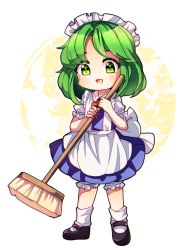 Rule 34 | 1girl, :d, apron, ascot, back bow, black footwear, bloomers, blue dress, bow, broom, collared shirt, dress, dungeon toaster, eye print, full body, green eyes, green hair, happy, highres, holding, holding broom, maid, maid headdress, mary janes, open mouth, puffy short sleeves, puffy sleeves, radiation symbol, red ascot, ruukoto, shirt, shoes, short hair, short sleeves, simple background, smile, socks, solo, standing, suspenders, touhou, touhou (pc-98), underwear, waist apron, white apron, white background, white bloomers, white bow, white shirt, white socks