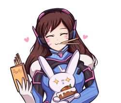 Rule 34 | + +, 1girl, :3, :x, ^ ^, artist name, bodysuit, brown hair, cake, carrot cake, closed eyes, commentary, d.va (overwatch), closed eyes, facial mark, food, food in mouth, gloves, headphones, heart, keterok, long hair, mouth hold, overwatch, overwatch 1, pocky, ribbed bodysuit, simple background, solo, stuffed animal, stuffed toy, valentine, whisker markings, white background