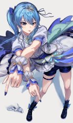 Rule 34 | absurdres, blue eyes, blue footwear, blue hair, blue nails, blue ribbon, blue shirt, blue shorts, blue skirt, boots, commentary, crossed arms, dancing, hair between eyes, hair ornament, hair ribbon, hairclip, highres, hololive, hoshimachi suisei, long hair, nail polish, pointing, puffy short sleeves, puffy sleeves, ribbon, sakazuki sudama, shirt, short sleeves, shorts, side ponytail, sidelocks, skirt, smile, star (symbol), star in eye, symbol-only commentary, symbol in eye, thigh strap, tongue, tongue out, wrist cuffs