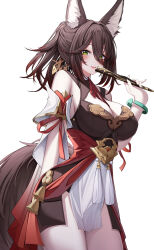 Rule 34 | 1girl, absurdres, animal ears, bare shoulders, blue bracelet, blush, bracelet, breasts, brown hair, chinese clothes, cleavage, dress, fennec fox, fox, fox ears, fox girl, fox tail, green eyes, hair between eyes, hand fan, highres, holding, holding fan, honkai: star rail, honkai (series), jewelry, large breasts, long hair, looking at viewer, open mouth, ponytail, smile, solo, tail, tingyun (honkai: star rail), zangi (lkt2012)