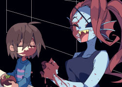 Rule 34 | 1girl, 1other, ahoge, asymmetrical bangs, bare arms, black background, black tank top, blue shirt, blue skin, breasts, brown hair, child, clenched hand, closed eyes, closed mouth, collarbone, colored skin, facing another, fins, fish girl, food, frisk (undertale), hair between eyes, head fins, highres, holding, holding food, juice, long sleeves, medium hair, nikorashi-ka, open mouth, ponytail, purple shirt, red hair, sharp teeth, shirt, short hair, smile, striped clothes, striped shirt, tank top, teeth, tomato, tomato juice, undertale, undyne, upper body, upper teeth only, yellow teeth