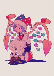 Rule 34 | 1boy, black shorts, bow, brown eyes, brown footwear, closed mouth, grey background, hat, highres, humanization, jester cap, kirby (series), male focus, marx (kirby), menma (enaic31), nintendo, pointy ears, purple hair, red bow, shadow, short hair, shorts, sitting on ball, sleeves past fingers, sleeves past wrists, socks, solo, twitter username, white socks, wings
