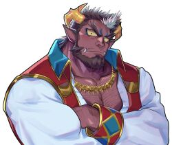 Rule 34 | 1boy, animal ears, another eidos-r, arm hair, bara, beard, biceps, blue eyeshadow, blush, brown hair, chest hair, collared vest, colored sclera, colored skin, crossed arms, demon boy, demon horns, eyeshadow, facial hair, forked eyebrows, from above, gold necklace, green eyes, hairy, head tilt, horns, horse boy, horse ears, jewelry, large pectorals, makeup, male focus, mature male, medium hair, muscular, muscular male, mustache stubble, necklace, partially unbuttoned, pectoral cleavage, pectorals, pointy ears, purple skin, red vest, revision, solo, stalon (another eidos), stubble, thick eyebrows, tusks, upper body, vest, white background, white hair, yakisoba ohmori, yellow sclera