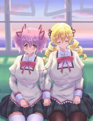 Rule 34 | 10s, 2girls, alternate breast size, blonde hair, blush, breasts, drill hair, earphones, hair ornament, hair ribbon, hairpin, highres, holding hands, huge breasts, kaname madoka, mahou shoujo madoka magica, mahou shoujo madoka magica (anime), mizuumi (bb), multiple girls, pantyhose, pink eyes, pink hair, ribbon, school uniform, shared earphones, short hair, short twintails, side-by-side, thighhighs, tomoe mami, train, train interior, twin drills, twintails