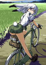 Rule 34 | 1girl, animal ears, bent over, bicycle, black footwear, black gloves, bou (inubou), day, eyebrows, facing away, fingerless gloves, floppy ears, gloves, grass, green necktie, green shorts, hair between eyes, necktie, open mouth, original, outdoors, path, purple eyes, rabbit ears, rabbit tail, ribbed legwear, riding, road, shadow, shirt, shoes, short hair, short sleeves, shorts, sitting, socks, solo, suspenders, tail, triangle mouth, usagi (inubou), wheel, white hair, white shirt, white socks