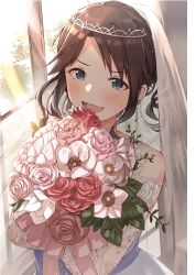 Rule 34 | 1girl, absurdres, alternate hairstyle, bare shoulders, black hair, blue eyes, blue ribbon, blush, bouquet, bridal gauntlets, bridal veil, commentary request, curly hair, dress, ear piercing, flower, hanetsuka, happy, highres, holding, holding bouquet, idolmaster, idolmaster shiny colors, leaf, mitsumine yuika, open mouth, piercing, ribbon, rose, smile, solo, tiara, veil, wedding dress, window