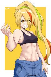 Rule 34 | 10s, 1girl, abs, absurdres, blonde hair, eyes visible through hair, female focus, haho, highres, long hair, looking at viewer, muscular, navel, nikaidou saki, orange eyes, overalls, ponytail, signature, smile, solo, sports bra, standing, stomach, tank top, thick eyebrows, yellow background, zombie, zombie land saga