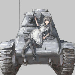 Rule 34 | 1girl, apron, black pantyhose, boots, caterpillar tracks, frills, grin, h39, hogeo, long hair, maid, maid apron, military, military vehicle, motor vehicle, on vehicle, original, pantyhose, pigeon-toed, simple background, smile, solo, tank, twintails, vehicle