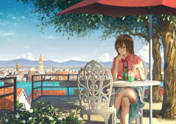 Rule 34 | 1girl, balcony, bendy straw, blue dress, blue eyes, blue sky, bow, bowtie, brown hair, capelet, chair, city, cityscape, cloud, crossed legs, cup, daisy, day, dress, drinking glass, drinking straw, elbow rest, expressionless, flower, frilled skirt, frills, gem, head rest, highres, holding, k ryo, looking to the side, mountain, original, outdoors, railing, red bow, red bowtie, shade, shadow, short hair, sitting, skirt, sky, solo, stairs, straw, table, tree, umbrella, water