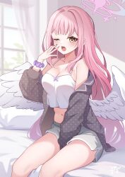 Rule 34 | 1girl, ;o, absurdres, bed sheet, blue archive, blush, breasts, camisole, cleavage, collarbone, crop top, dolphin shorts, feathered wings, feet out of frame, grey shorts, guri (gri1211), halo, highres, indoors, long hair, looking at viewer, medium breasts, mika (blue archive), navel, on bed, one eye closed, open clothes, open shirt, pillow, pink hair, polka dot, polka dot shirt, scrunchie, shirt, shorts, sitting, sleeping, solo, stomach, straight hair, tears, teeth, upper teeth only, very long hair, white camisole, white wings, wings, wrist scrunchie, yawning