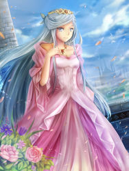 Rule 34 | 10s, 1girl, bare shoulders, blue eyes, bush, castle, cloud, cloudy sky, day, dress, flower, hand on own chest, jewelry, log horizon, long hair, looking at viewer, necklace, outdoors, petals, pink dress, reinesia el arte cowen, rose, signature, silver hair, sky, solo, strapless, strapless dress, tiara, two side up, very long hair, wind, xilveroxas
