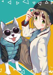 Rule 34 | 1girl, absurdres, adjusting eyewear, animal, arm support, blush, brown hair, cereal (cerealoekaki), clothed animal, coat, dog, fang, fur-trimmed coat, fur trim, green eyes, highres, inuyama aoi, ribbed sweater, sitting, skin fang, smile, sunglasses, sweater, thick eyebrows, white coat, yurucamp