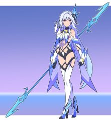 Rule 34 | 1girl, absurdres, bare shoulders, breast curtains, breasts, butterfly hair ornament, closed mouth, detached sleeves, expressionless, full body, genshin impact, grey hair, hair between eyes, hair ornament, high heels, highres, holding, holding polearm, holding weapon, imtmcomics, long hair, medium breasts, navel, polearm, skirk (genshin impact), solo, spear, standing, weapon