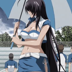 Rule 34 | 00s, 1girl, belt, breasts, cleavage, closed eyes, hair over one eye, highres, holding, holding umbrella, ikkitousen, kan&#039;u unchou, large breasts, long hair, navel, race queen, screencap, skirt, stitched, third-party edit, umbrella, very long hair