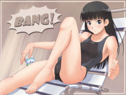 Rule 34 | 1girl, amagami, argon, armpits, ayatsuji tsukasa, bad id, bad pixiv id, barefoot, black eyes, black hair, bottle, chair, competition swimsuit, drink, feet, finger gun, flat chest, foreshortening, long hair, lounge chair, one-piece swimsuit, pointing, solo, swimsuit