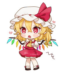 Rule 34 | 1girl, :o, blonde hair, chibi, crystal, fang, flandre scarlet, full body, hat, heart, honotai, knees together feet apart, mob cap, open mouth, pigeon-toed, simple background, solo, touhou, white background, wings