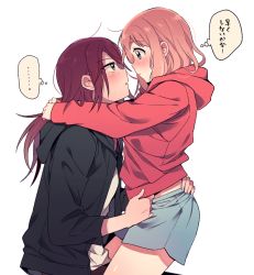 Rule 34 | ..., 2girls, ahoge, bang dream!, black jacket, blue eyes, blue shorts, blush, eye contact, face-to-face, from side, green eyes, hand on another&#039;s back, hood, hood down, hooded jacket, hoodie, hug, jacket, long hair, long sleeves, looking at another, multiple girls, parted lips, pink hair, re ghotion, red hair, red hoodie, shorts, simple background, spoken ellipsis, sweatdrop, translation request, udagawa tomoe, uehara himari, white background, yuri