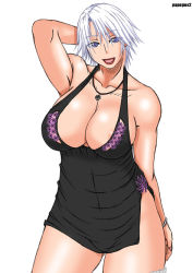 Rule 34 | 1girl, alternate costume, areola slip, arm behind head, arm up, bad id, bad pixiv id, black dress, blue eyes, bracelet, breasts, christie (doa), cleavage, curvy, dead or alive, dress, jewelry, large breasts, lips, lipstick, makeup, necklace, no bra, papepox2, parted lips, pendant, short dress, short hair, side slit, solo, standing, thick thighs, thighs, white hair