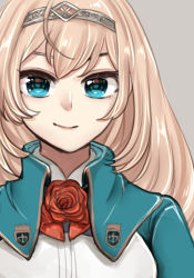 Rule 34 | 1girl, blonde hair, blue eyes, blue jacket, commentary request, flower, grey background, hairband, jacket, kantai collection, long hair, looking at viewer, military, military uniform, nanari (nanari nannari), one-hour drawing challenge, red flower, red ribbon, red rose, ribbon, rose, simple background, solo, tiara, uniform, upper body, victorious (kancolle)