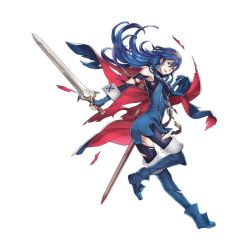 Rule 34 | 1girl, armpits, ass, blue eyes, blue hair, breasts, cape, fingerless gloves, fire emblem, fire emblem awakening, fire emblem heroes, full body, gloves, hairband, injury, long hair, lucina (fire emblem), maiponpon, nintendo, official art, ryona, scabbard, sheath, shoes, small breasts, solo, sword, thighhighs, tiara, torn clothes, weapon, wrist cuffs