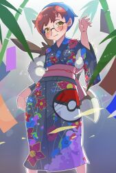 Rule 34 | 1girl, abstract background, arm at side, backpack, bag, bamboo, black yukata, blue hair, blush, clenched hand, creatures (company), embarrassed, eyelashes, female focus, flat chest, floral print, game freak, glasses, hand up, highres, japanese clothes, kimono, legs, looking at viewer, masamu (leonore69), multicolored hair, neck, nintendo, obi, penny (pokemon), poke ball print, pokemon, pokemon sv, print kimono, print yukata, red hair, red obi, red sash, sash, shiny skin, short hair, standing, summer, swept bangs, tanabata, traditional clothes, two-tone hair, waving, wavy mouth, wide sleeves, yellow eyes, yukata