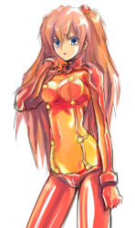 Rule 34 | 1girl, artist request, blue eyes, bodysuit, breasts, brown hair, covered navel, evangelion: 2.0 you can (not) advance, hair between eyes, hair ornament, highres, lips, long hair, looking at viewer, medium breasts, neon genesis evangelion, pilot suit, plugsuit, rebuild of evangelion, red bodysuit, see-through, see-through bodysuit, shiny clothes, simple background, solo, souryuu asuka langley, test plugsuit, very long hair, white background