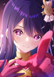 Rule 34 | + +, 1girl, blurry, closed mouth, commentary request, depth of field, gloves, hair ornament, hand on own chest, highres, hoshino ai (oshi no ko), long hair, looking at viewer, oshi no ko, pink gloves, pointing, pointing at viewer, portrait, purple eyes, purple hair, rabbit hair ornament, shinshia (sinsia 0928), smile, solo, star (symbol), star hair ornament, straight-on