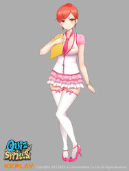 Rule 34 | 1girl, blush, bracelet, brown eyes, full body, grey background, high heels, jewelry, looking at viewer, necktie, office lady, pink footwear, quiz &amp; sprites, quiz and sprites, red hair, shoes, short hair, simple background, solo, thighhighs, white thighhighs, yellow eyes, yi l chen 5, zettai ryouiki