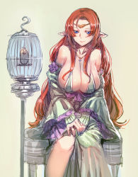 Rule 34 | 1girl, bare shoulders, bird, birdcage, blue eyes, bow (bhp), breasts, cage, cleavage, dress, elf, highres, jewelry, large breasts, long hair, necklace, original, pointy ears, red hair, simple background, sketch, smile, solo, very long hair, yellow background
