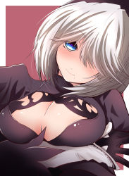 Rule 34 | 1girl, android, black hairband, blue eyes, blush, breasts, cleavage, cleavage cutout, clothing cutout, feather-trimmed sleeves, hair over one eye, hairband, highres, large breasts, lips, long sleeves, looking at viewer, mole, mole under mouth, nier (series), nier:automata, no blindfold, short hair, silver hair, 2b (nier:automata)