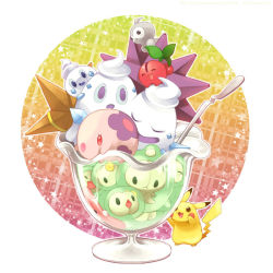Rule 34 | :d, castform, castform (normal), cherry, cherubi, creature, creature as food, creatures (company), cup, duosion, food, food focus, fruit, game freak, gen 1 pokemon, gen 3 pokemon, gen 4 pokemon, gen 5 pokemon, glass, ice cream, in container, in cup, luvdisc, munna, n:go, nintendo, no humans, open mouth, pikachu, pointy ears, pokefood, pokemon, pokemon (creature), reuniclus, smile, solosis, spoon, standing, star (symbol), starmie, staryu, sundae, vanillite, vanilluxe