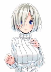 Rule 34 | 10s, 1girl, alternate costume, blue eyes, breasts, bulbonne, hair ornament, hair over one eye, hairclip, hamakaze (kancolle), hand on own chest, highres, kantai collection, large breasts, ribbed sweater, silver hair, solo, striped, sweater, vertical stripes, wavy mouth