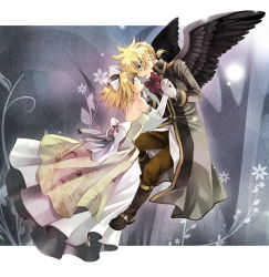 Rule 34 | 1boy, 1girl, angel wings, blonde hair, blue eyes, boots, brother and sister, coat, dress, elbow gloves, elmou, gloves, hair ribbon, holding hands, hetero, kagamine len, kagamine rin, mizuno eita, ponytail, ribbon, short hair, siblings, twins, vocaloid, white dress, wings