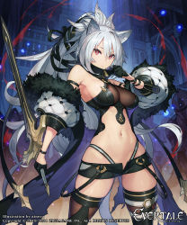 Rule 34 | 1girl, ainezu, animal ears, breasts, character request, collar tug, copyright name, copyright notice, evertale, gloves, highres, long hair, midriff, official art, ponytail, promotional art, red eyes, see-through, short shorts, shorts, solo focus, sword, thighhighs, torn clothes, torn coat, very long hair, weapon, white hair, zettai ryouiki