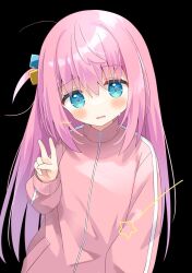 Rule 34 | 1girl, black background, blue eyes, blush, bocchi the rock!, commentary request, cube hair ornament, gotoh hitori, hair between eyes, hair ornament, highres, jacket, long sleeves, looking at viewer, nakkar, parted lips, pink hair, pink jacket, simple background, solo, star (symbol), sweat, track jacket, v, wavy mouth