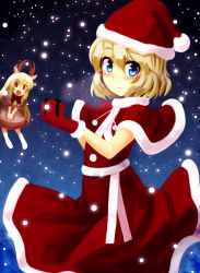 Rule 34 | 1girl, alice margatroid, alternate costume, antlers, blonde hair, blue eyes, blush, box, capelet, doll, female focus, gift, gift box, hat, highres, horns, ikamagu, ikmg, matching shanghai, open mouth, red eyes, reindeer antlers, santa costume, santa hat, shanghai doll, smile, snowing, solo, touhou