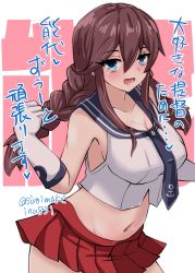 Rule 34 | 1girl, absurdres, text background, black sailor collar, braid, breasts, brown hair, character name, cleavage, cowboy shot, gloves, green eyes, highres, kantai collection, kitahama (siroimakeinu831), large breasts, long hair, looking at viewer, midriff, noshiro (kancolle), one-hour drawing challenge, pleated skirt, red skirt, sailor collar, sailor shirt, school uniform, serafuku, shirt, skirt, sleeveless, sleeveless shirt, solo, standing, swept bangs, translation request, twin braids, twitter username, white background, white gloves