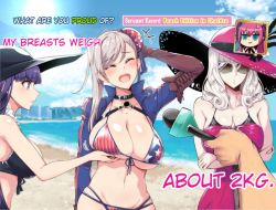 Rule 34 | 4girls, american flag bikini, bare shoulders, beach, bikini, black bikini, black headwear, blue eyes, blue sky, blush, breast envy, grabbing another&#039;s breast, breasts, brown gloves, bun cover, carmilla (fate), carmilla (swimsuit rider) (fate), cleavage, closed eyes, closed mouth, collarbone, curled horns, curly hair, day, derivative work, dragon girl, dragon horns, dress, elbow gloves, elizabeth bathory (fate), english text, fate/extra, fate/grand order, fate (series), flag print, frilled bikini, frills, gloves, grabbing, groin, hair bun, hat, horns, huge breasts, large breasts, long hair, martha (fate), martha (swimsuit ruler) (fate), microphone, miyamoto musashi (fate), miyamoto musashi (fate/grand order), miyamoto musashi (swimsuit berserker) (fate), multiple girls, navel, ocean, open mouth, pink dress, pink hair, pink headwear, riyo (lyomsnpmp) (style), shiny skin, shrug (clothing), sian, silver hair, single hair bun, sky, smile, stomach, sun hat, sunglasses, swept bangs, swimsuit, two side up, very long hair, yellow eyes