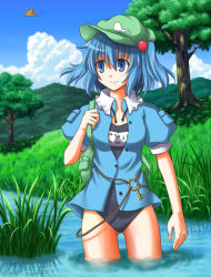 Rule 34 | 1girl, blue eyes, blue hair, bluepony, bottomless, female focus, grass, hair bobbles, hair ornament, hat, kawashiro nitori, key, matching hair/eyes, name tag, nature, no pants, one-piece swimsuit, pyonta, river, school swimsuit, smile, solo, swimsuit, swimsuit under clothes, touhou, tree, twintails, two side up, wading, water