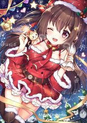 Rule 34 | 1girl, ;d, bell, belt, black thighhighs, blush, breasts, brown eyes, brown hair, cat, choker, christmas, cleavage, dress, fur trim, highres, long hair, looking to the side, merry christmas, neck bell, one eye closed, open mouth, original, petticoat, red dress, santa costume, shanguier, smile, solo, thighhighs, zettai ryouiki