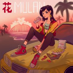 Rule 34 | 1girl, absurdres, artist request, bag, burger, car, converse, disney, drinking straw, earrings, fa mulan (disney), food, french fries, highres, in-n-out burger, jacket, jewelry, motor vehicle, mulan, nike (company), palm tree, paper bag, shoes, sneakers, soft drink, sun, sunset, tree, wreck-it ralph