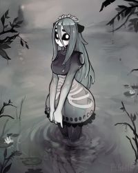 Rule 34 | 1girl, absurdres, animal ears, artist name, black sclera, branch, bubble skirt, colored sclera, colored skin, commentary, commission, english commentary, grey hair, hair between eyes, highres, lily pad, long hair, looking at viewer, matilda fiship, monster girl, original, outdoors, personification, see-through, skirt, solo, v arms, wading, water, watermark, white skin
