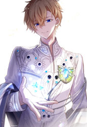 Rule 34 | 1boy, blonde hair, blue eyes, blue gemstone, brooch, chain, gem, hair behind ear, hair between eyes, heathcliff blanchett, holding, holding star, jacket, jewelry, looking at viewer, mahoutsukai no yakusoku, male focus, mole, mole under eye, odayakao, shawl, short hair, simple background, small stellated dodecahedron, smile, solo, star (symbol), upper body, white background, white jacket